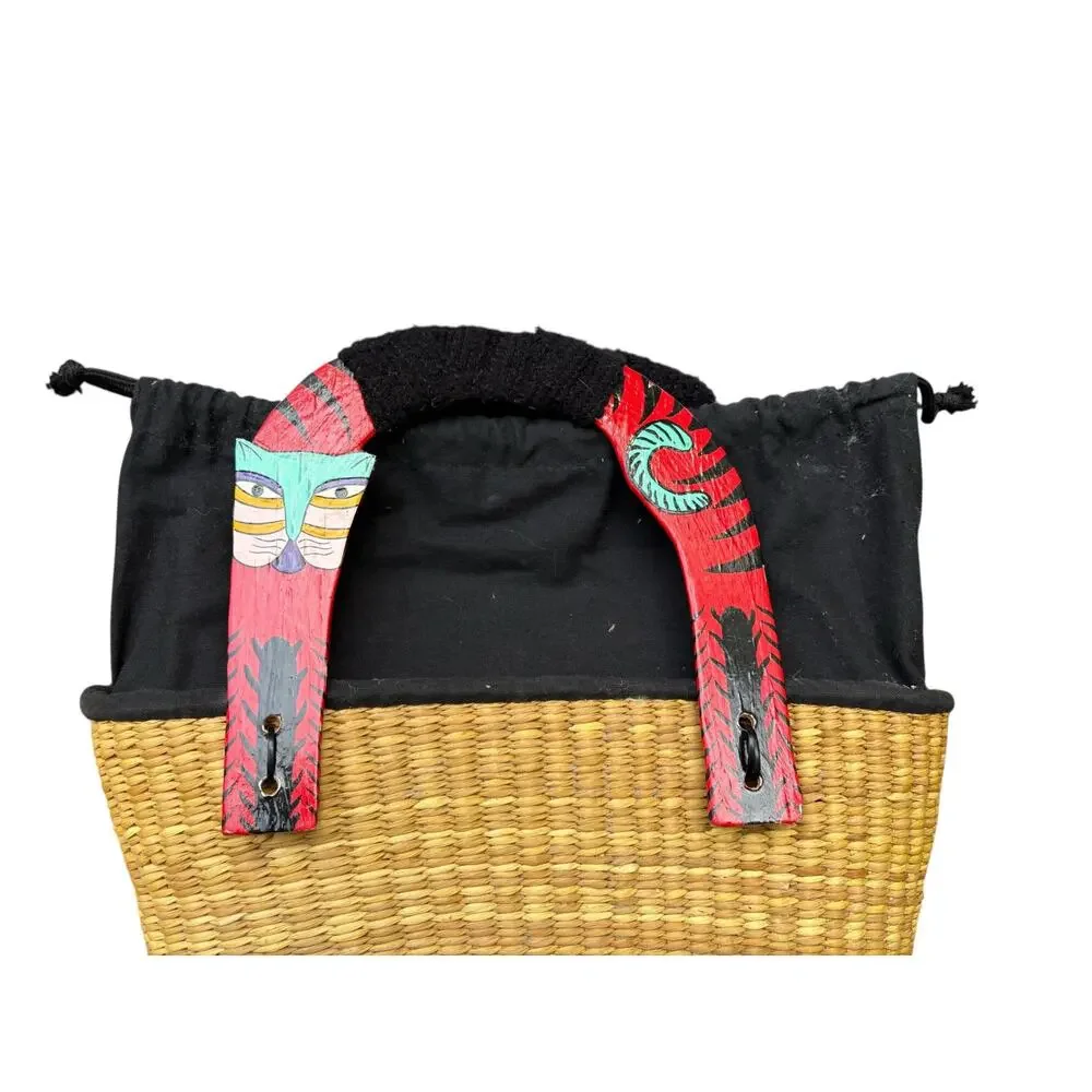 Wooden Handle Straw Basket Bag Purse Tote Hand Painted Cats
